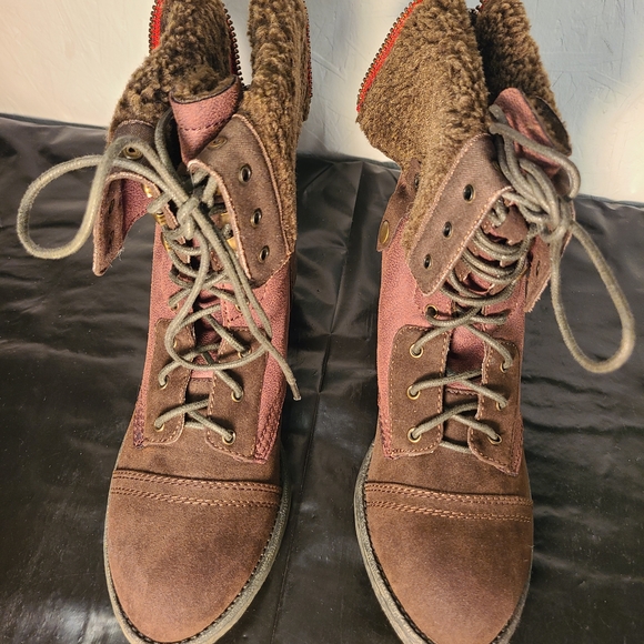 r.b.l.s. Brown Faux Fur Lined Lace-Up Combat Boots Women’s 8.5 - Picture 2 of 15